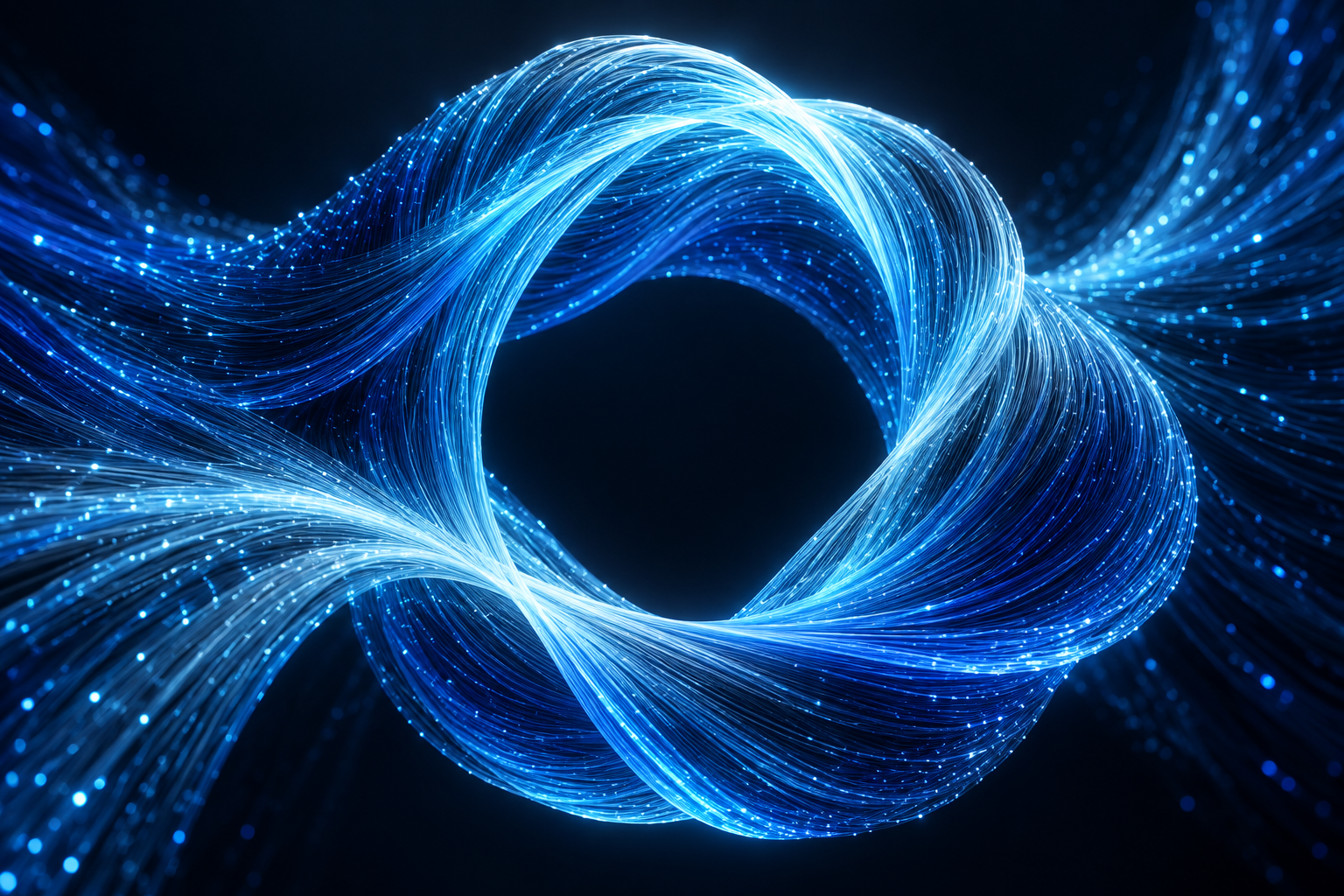 Luminous blue fibers flowing together into an abstract loop, representing connected language and intelligence.
